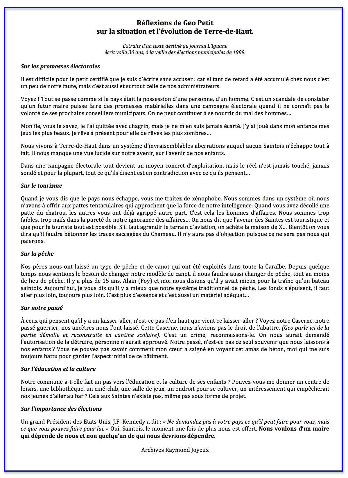 Réflexions de Geo Petit sur l’évolution de Terre