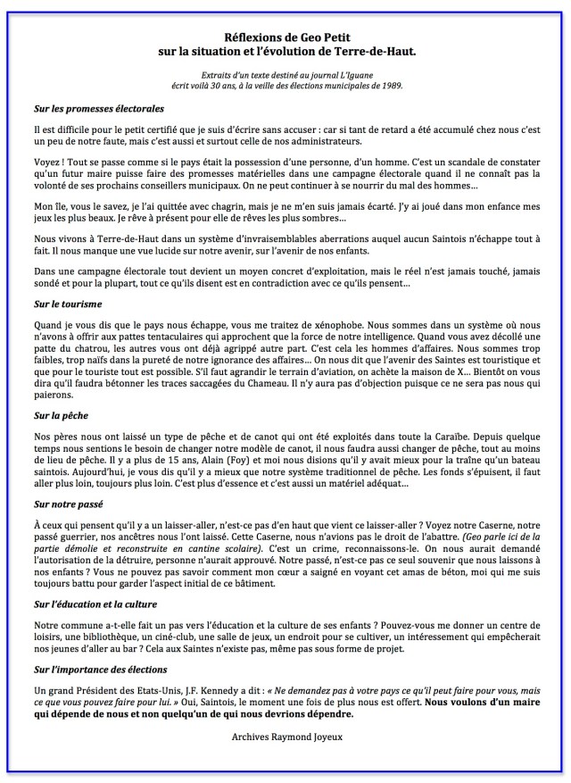 Réflexions de Geo Petit sur l’évolution de Terre